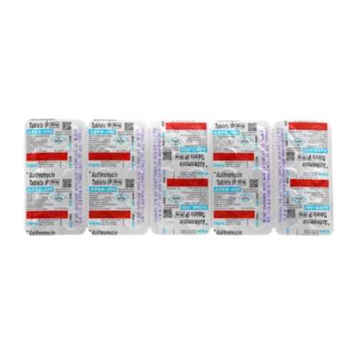 Azee 250mg (Azithromycin) close-up of several silver blister packs stacked together with printed red and blue labels