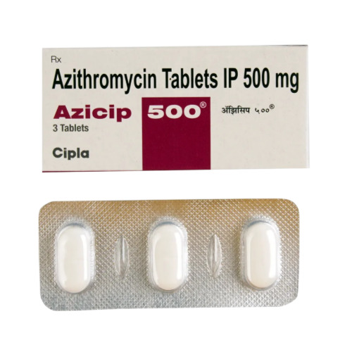 Azicip 500mg (Azithromycin) blister strip in gold foil with three white tablets