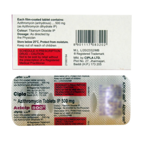 Azicip 500mg (Azithromycin) branded silver foil blister pack showing dosage details