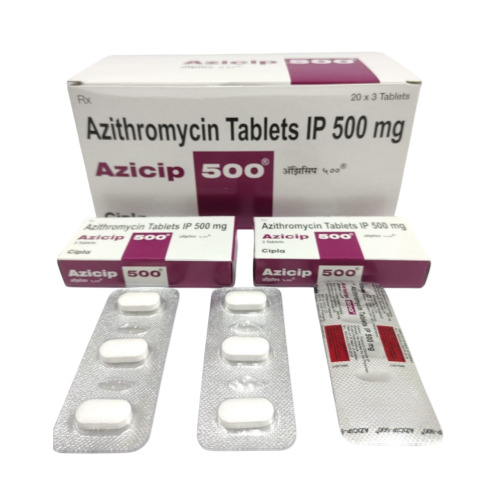 Azicip 500mg (Azithromycin) branded carton with multiple silver blister strips
