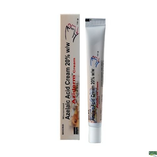 Aziderm Cream 20% (Azelaic Acid) vertical tube displayed next to its box