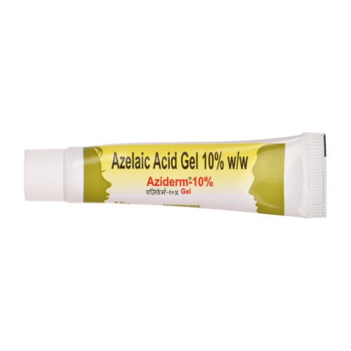 Aziderm Gel 10% (Azelaic Acid) white tube with green and yellow label design