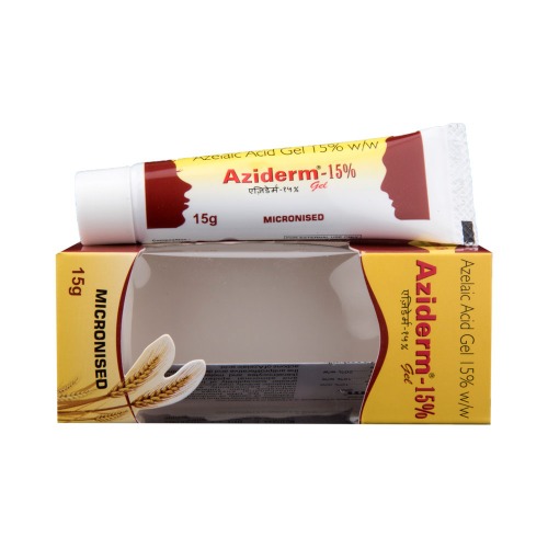 Aziderm Gel 15% 15gm tube placed in open carton packaging