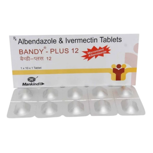 Bandy Plus 12 (Ivermectin + Albendazole) close-up of silver blister pack containing white oval tablets