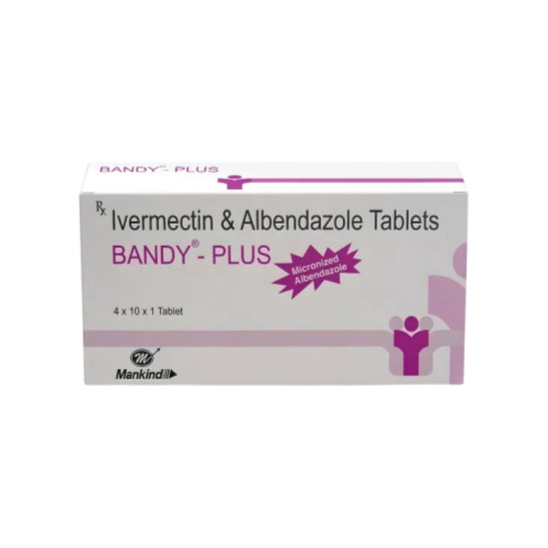 Bandy Plus (Ivermectin + Albendazole) outer box in white and purple design with dosage label visible