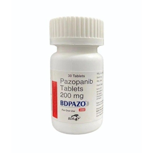 Bdpazo 200 pazopanib medicine bottle front view, oral anticancer tablets for advanced kidney cancer and sarcoma treatment from trusted online pharmacy