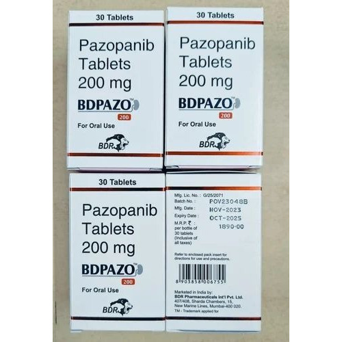 Bdpazo 200 Pazopanib blister strips and outer carton, affordable generic targeted therapy for solid tumors with VEGFR inhibition, available globally via ZarvyPharm online pharmacy