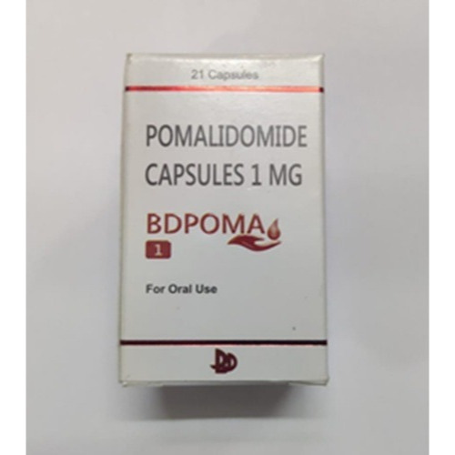 Pomide 1 (Pomalidomide) 1mg 21 capsules front view carton box with blue design for oncology treatment online pharmacy