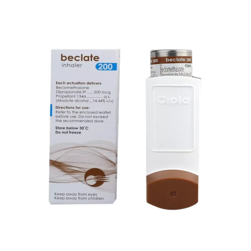 Beclate 200 Inhaler device with label front view