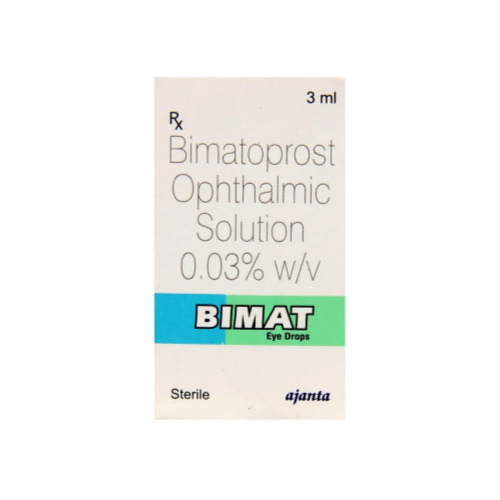 Bimat Eye Drops 3ml (Bimatoprost Ophthalmic Solution 0.03%) outer box packaging with dosage details printed