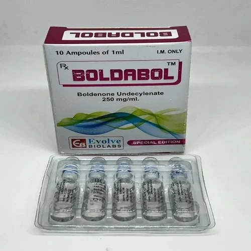 Boldabol 250mg ampoules in blister/tray with box behind, close-up of ampoule labels