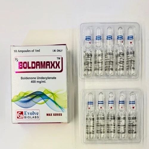 Boldamaxx 400mg box with multiple ampoules laid out, packaging and ampoule labels visible