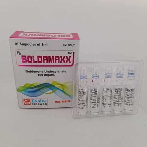 Angled shot of Boldamaxx 400mg box plus ampoules in tray, product name and ampoule details legible