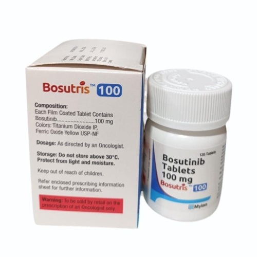 Bosutris 100 (Bosutinib) 100mg 120 tablets white pill bottle with branded carton packaging for chronic myeloid leukemia medication online pharmacy