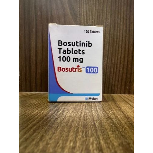 Bosutris 100 (Bosutinib) 100mg 120 tablets carton box close-up display with bold red logo for oncology treatment online pharmacy