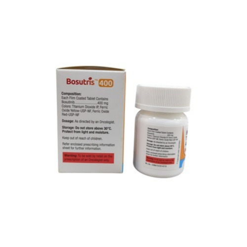 Bosutris 400 (Bosutinib) 400mg 30 tablets white pill bottle with carton packaging for chronic myeloid leukemia medication online pharmacy