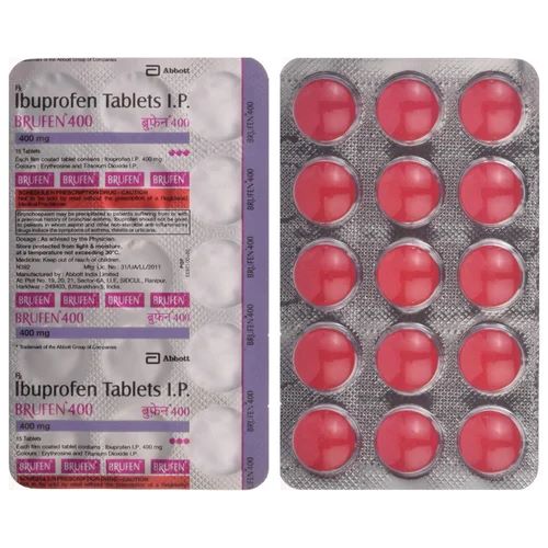 Blister pack of Brufen 400 showing red film-coated ibuprofen tablets