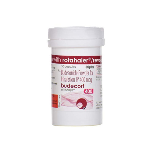 Budecort 400 Rotacaps white plastic bottle side view