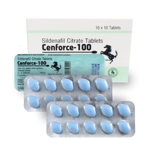 Cenforce 100mg box with multiple blister packs displayed, tablets and packaging visible