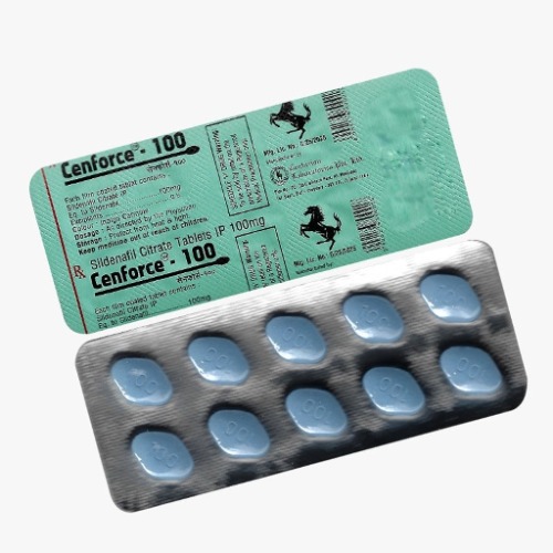 Cenforce 100mg blister strip close-up, tablets and printed label details legible