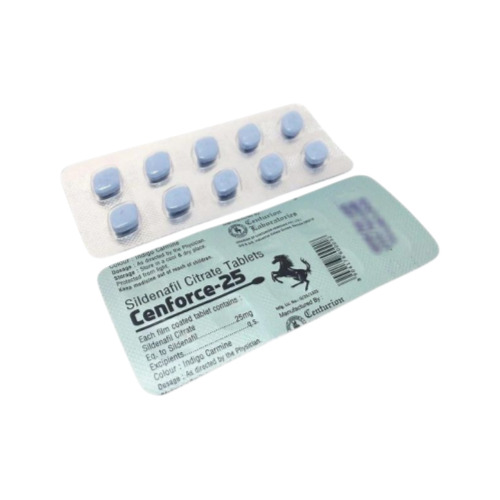 Cenforce 25mg (Sildenafil Citrate) green foil blister pack with blue round tablets close-up