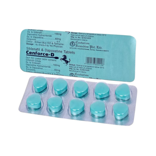 Cenforce D 160mg blister strip close-up, blue tablets and printed label details visible