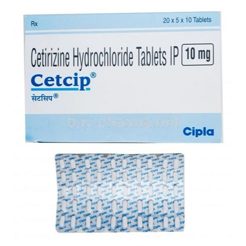 Cetcip 10mg tablets in silver blister packs displayed with box labeling