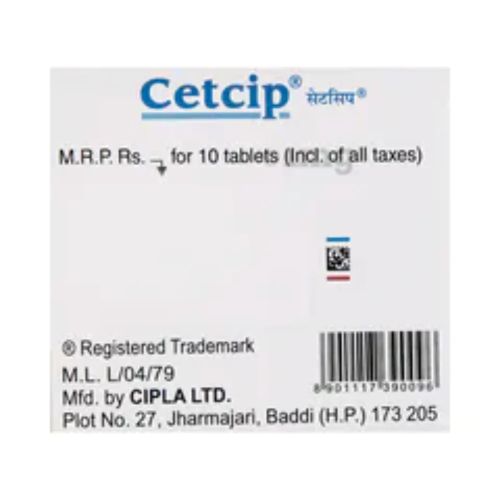 Cetcip 10 (Cetirizine Hydrochloride 10mg) Cipla branded carton with printed details on back