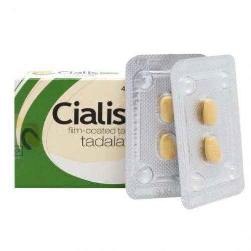 Blister pack of Cialis 10mg showing 4 yellow film-coated tablets
