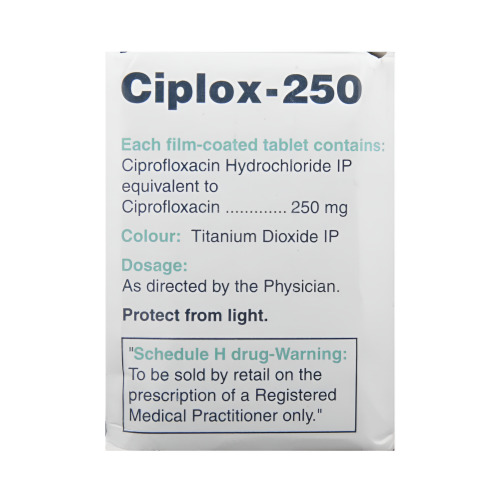 Ciplox 250mg (Ciprofloxacin) close-up of branded silver foil blister pack with dosage details