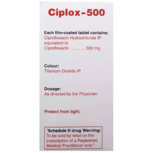 Ciplox 500mg (Ciprofloxacin) branded carton with dosage details in close-up view