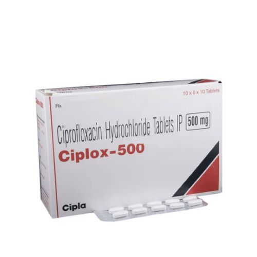 Ciplox 500mg (Ciprofloxacin) full pack with multiple silver blister strips and box