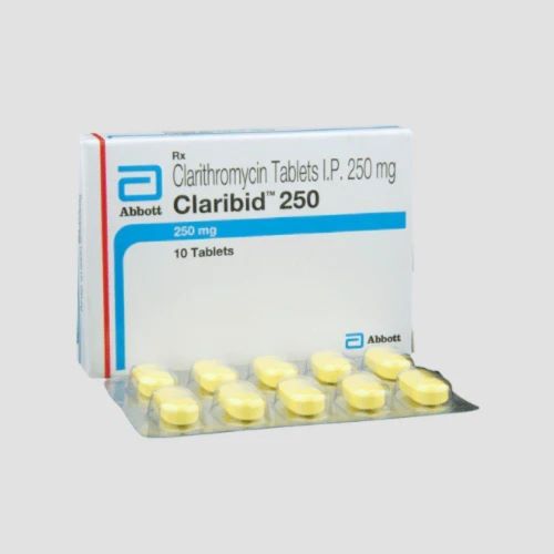 Claribid 250 blister strip partially out of the box showing yellow tablets