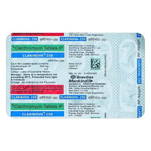 Clarinova 250 (Clarithromycin) back side of blister pack showing dosage details and printed label information