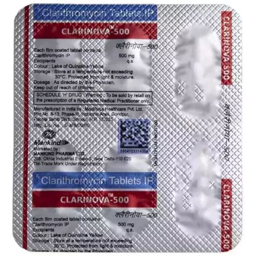 Clarinova 500 (Clarithromycin) blister pack back side with dosage details and printed label in red and black