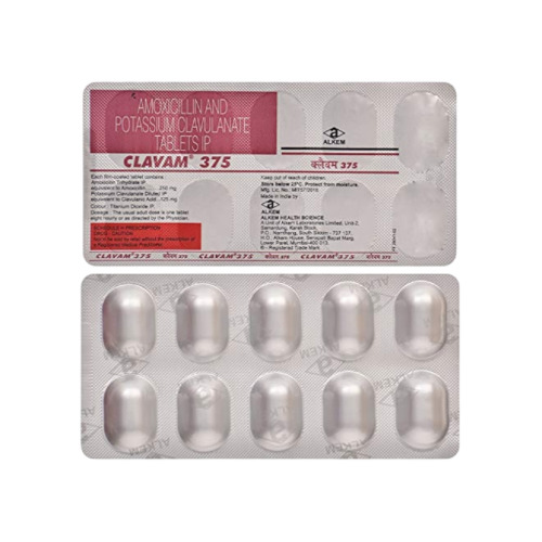 Clavam 375mg (Amoxicillin and Clavulanic Acid) close-up of foil blister strips with dosage details