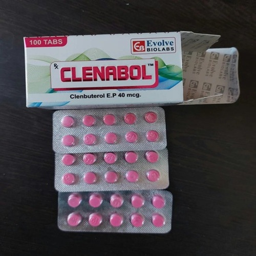 Clenabol 40mcg box and blister strips arranged flat, product name readable