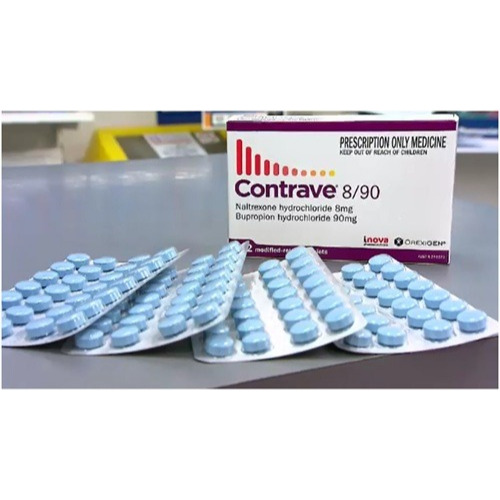 Contrave 8/90 blue round tablets arranged in blister sheets beside outer carton