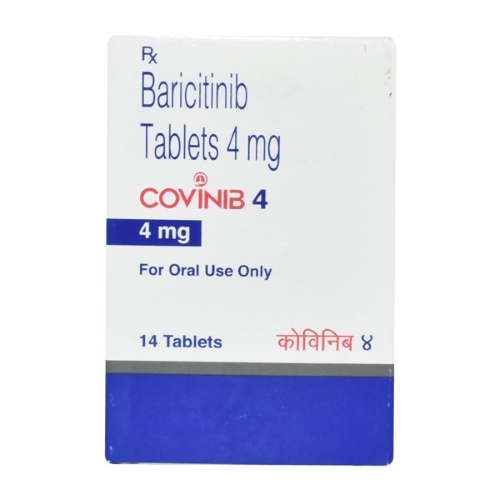 Covinib 4mg (Baricitinib) outer box packaging in white and blue design with red stripe
