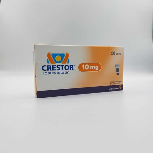 Crestor 10mg branded statin tablets carton viewed from side angle