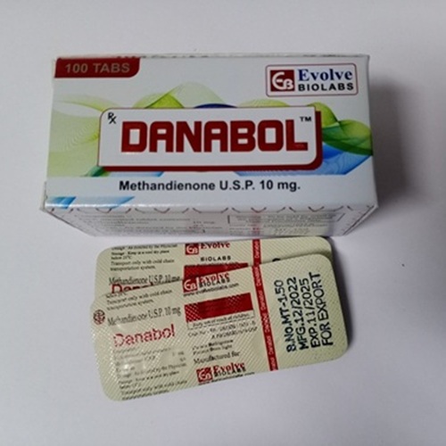 Danabol 10mg tablets and packaging with leaflet displayed, Methandienone oral steroid for muscle growth