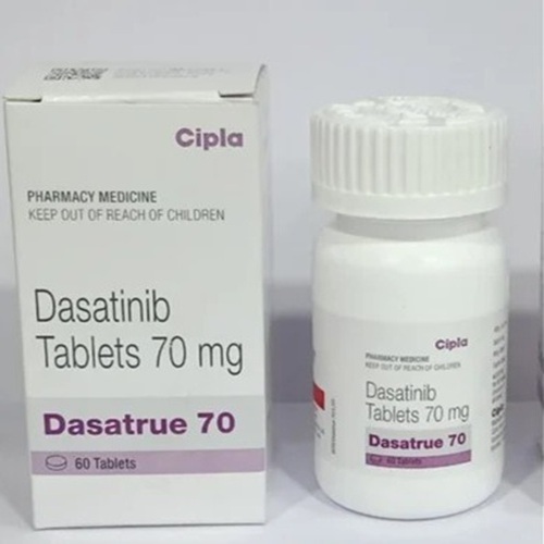 Dasatrue 70 (Dasatinib) 70mg 60 tablets carton box and pill bottle set with Cipla branding for oncology treatment online pharmacy