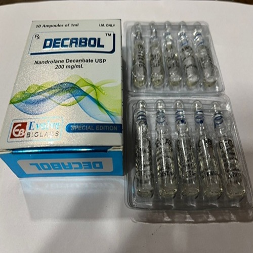 Decabol 200mg ampoules in blister/tray with box behind, close-up on ampoule labels