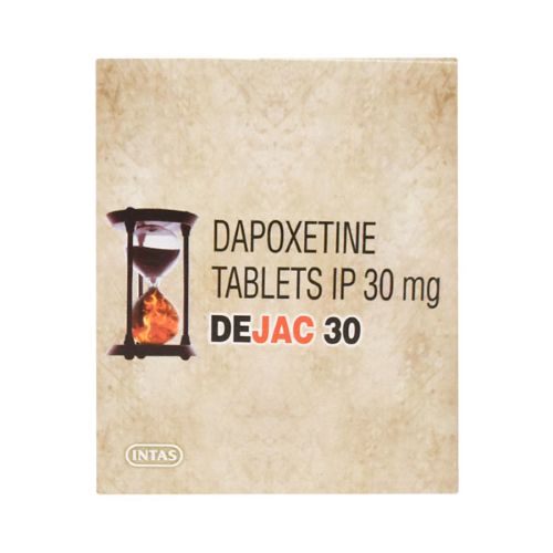 Dejac 30mg dapoxetine tablets close-up of silver blister showing 4 tablets