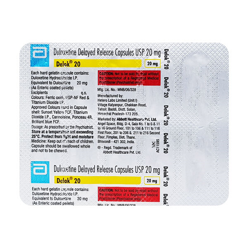 Delok 20 capsules 20mg silver foil blister strip with printed text and red-black capsules