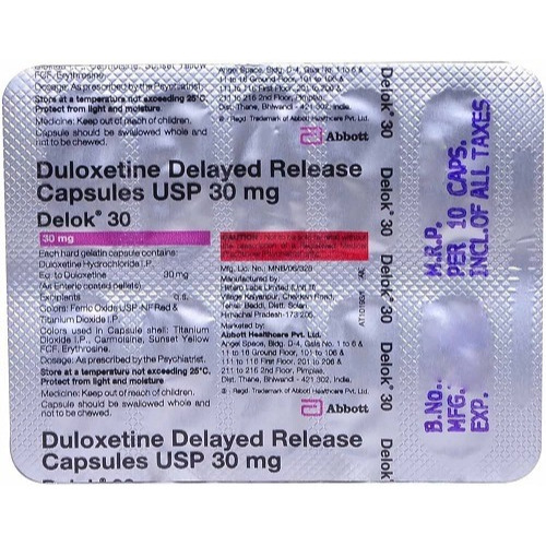 Delok 30 capsules 30mg silver foil blister strip with printed text and red-white capsules