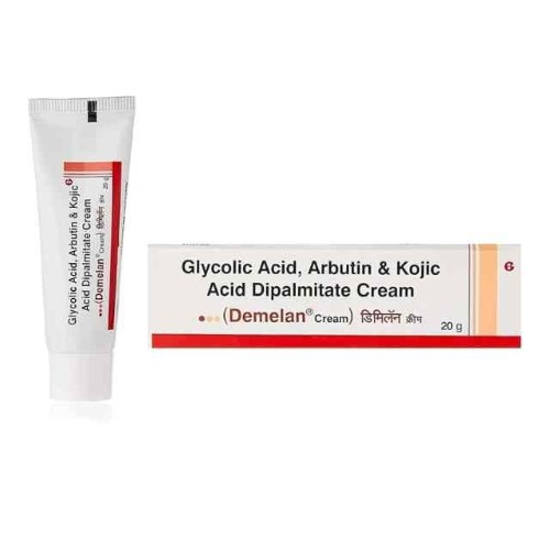 Demelan Cream 20gm vertical tube placed next to its box, label text visible