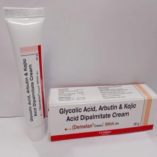 Demelan Cream 20gm tube and box set arranged together on flat surface