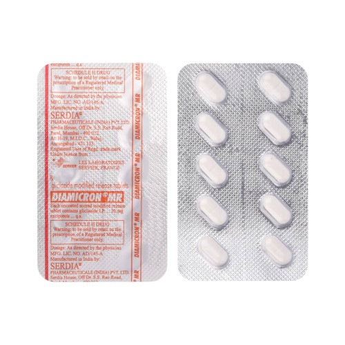 Diamicron MR 30mg silver blister strip with engraved text and white round tablets