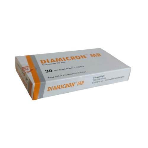 Diamicron MR 30 tablets pack showing carton and blister together, tilted view